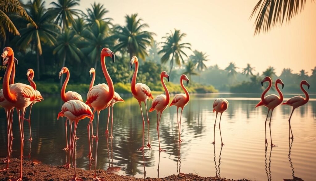 flamingos standing on one leg
