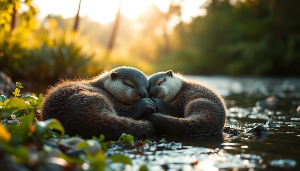 otters holding hands while sleeping